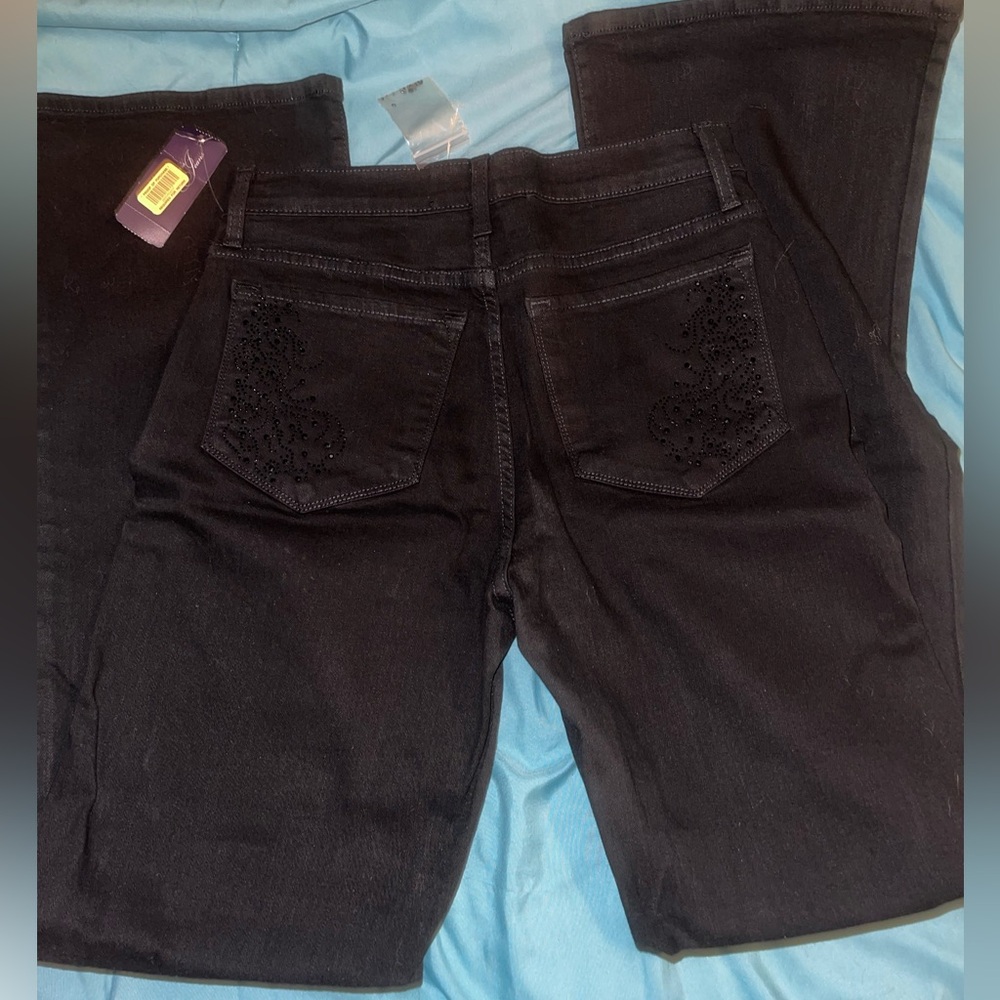 NWT NYDJ black denim with flair legs and beaded accents on pockets